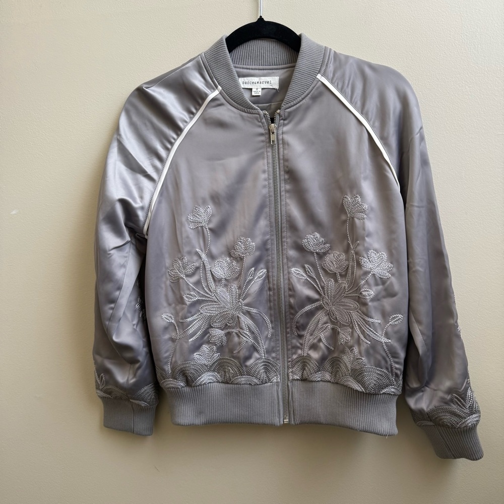 Dance & Marvel silver gray embroidered bomber jacket Size Small